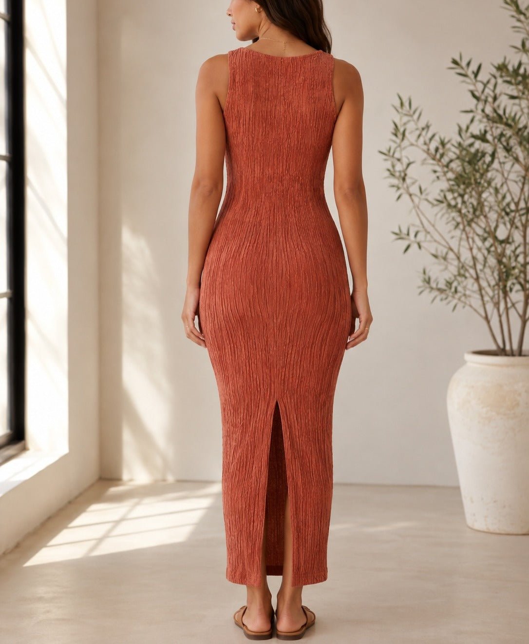 Ladies Rust Crinkled Knit Bodycon Dress - StylePhase SA