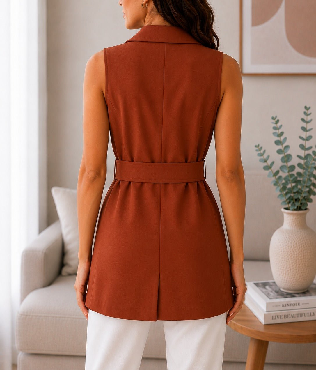Ladies Rust Double Breasted Belted Longline Waistcoat - StylePhase SA