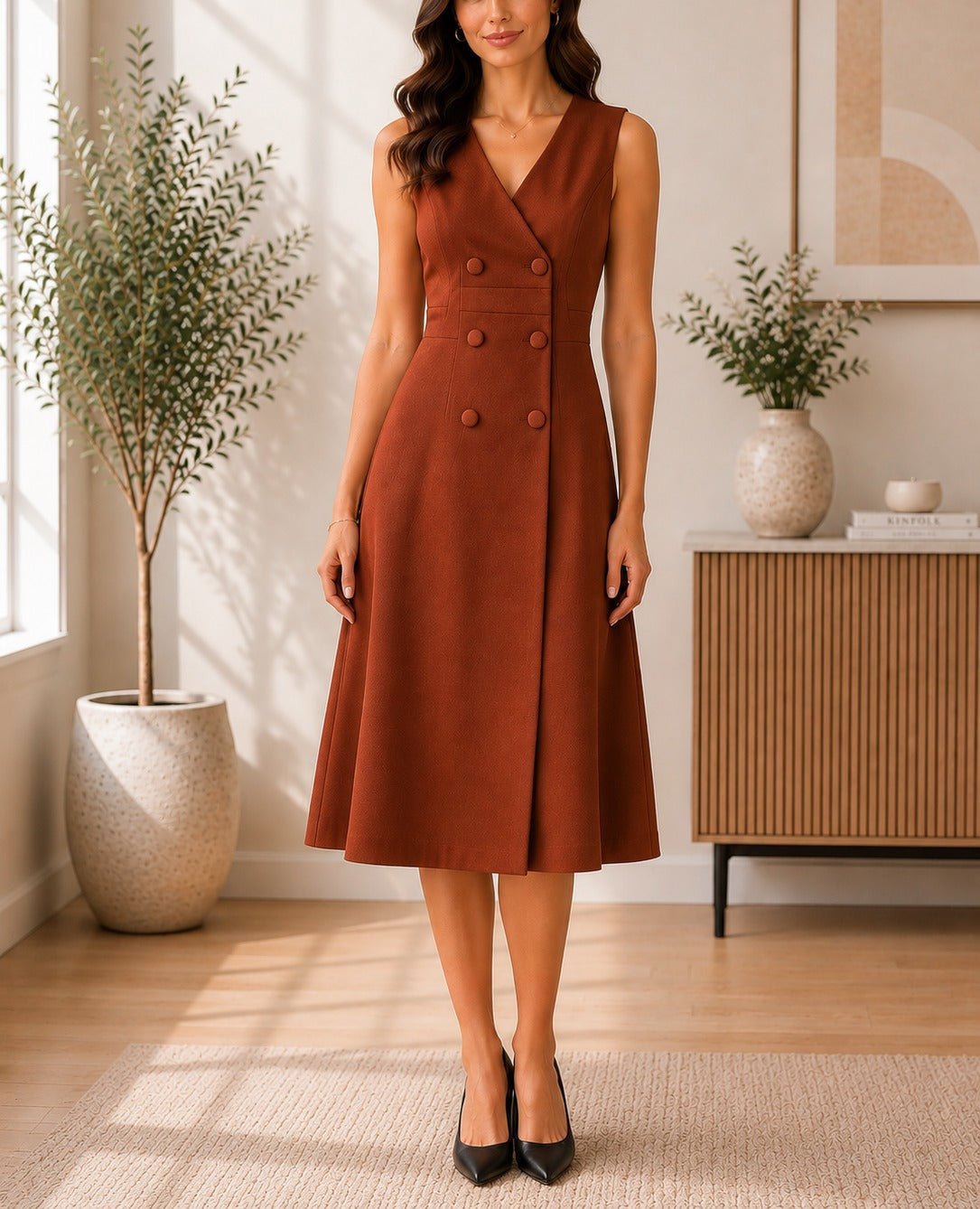 Ladies Rust Double-Breasted Sleeveless Midi Dress - StylePhase SA