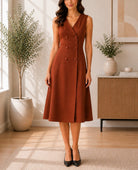 Ladies Rust Double-Breasted Sleeveless Midi Dress - StylePhase SA