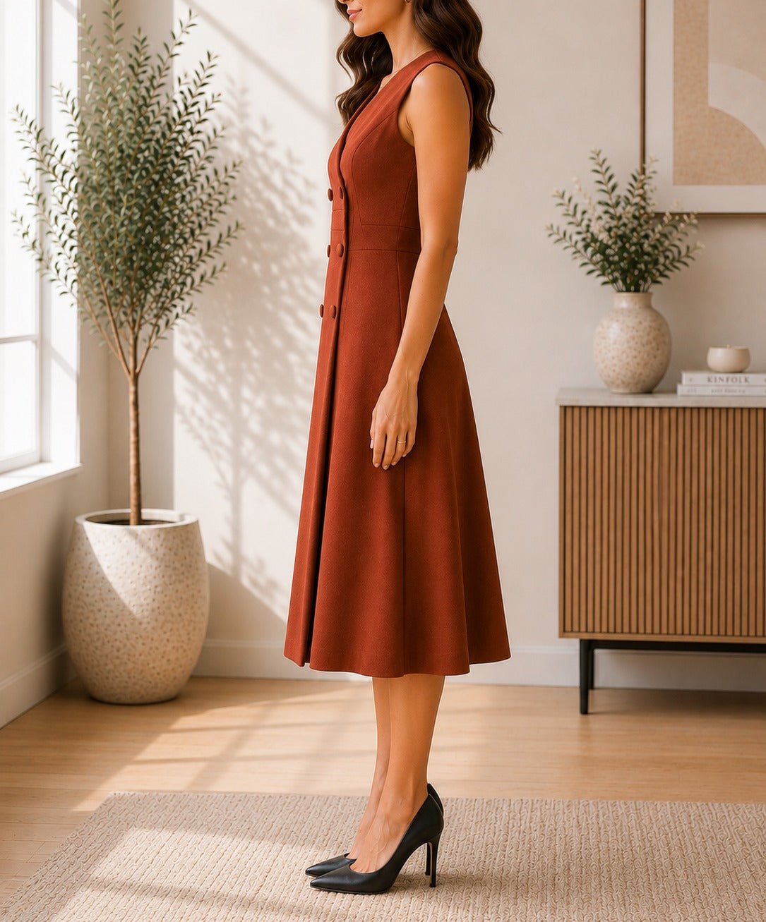 Ladies Rust Double-Breasted Sleeveless Midi Dress - StylePhase SA