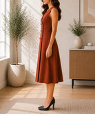 Ladies Rust Double-Breasted Sleeveless Midi Dress - StylePhase SA