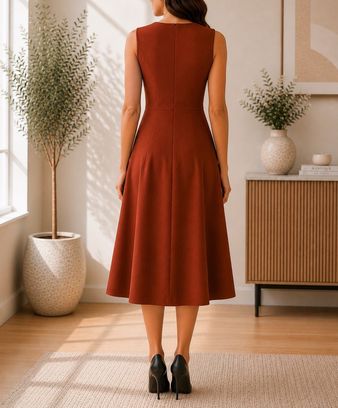 Ladies Rust Double-Breasted Sleeveless Midi Dress - StylePhase SA