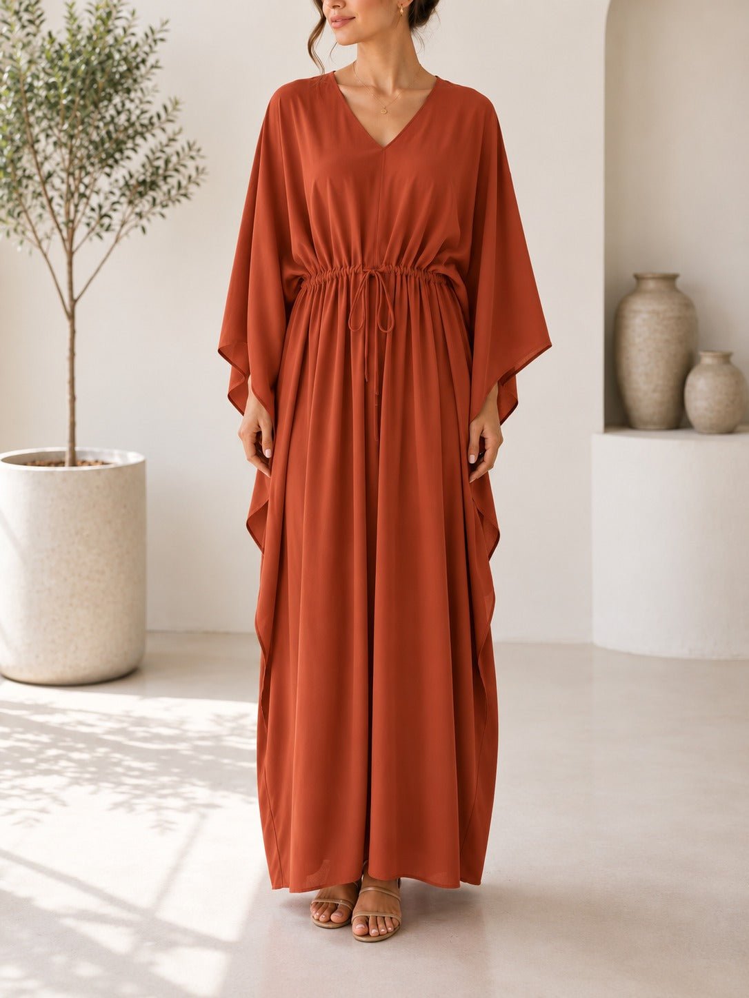 Ladies Rust Drawstring V-neck Kaftan - StylePhase SA