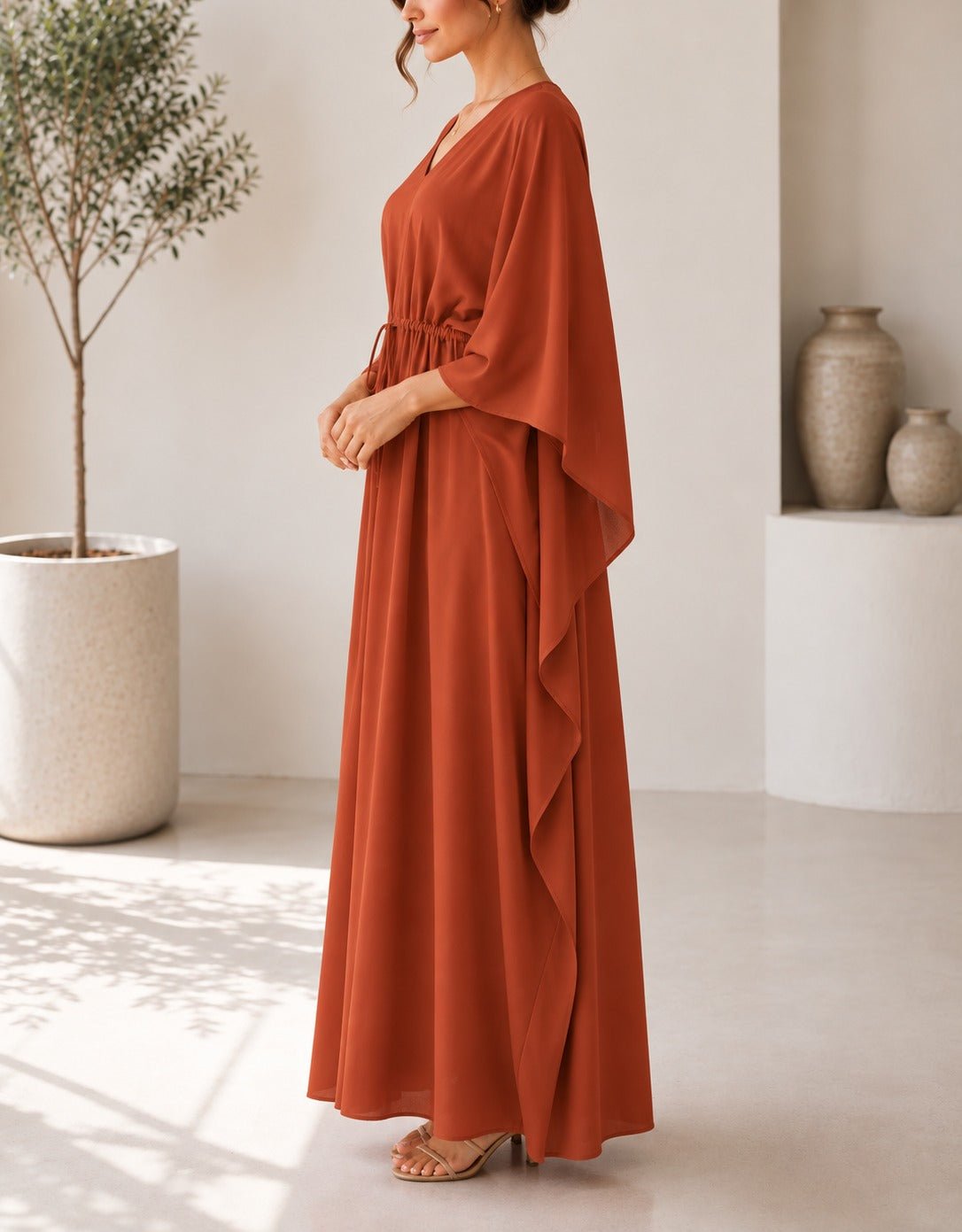 Ladies Rust Drawstring V-neck Kaftan - StylePhase SA