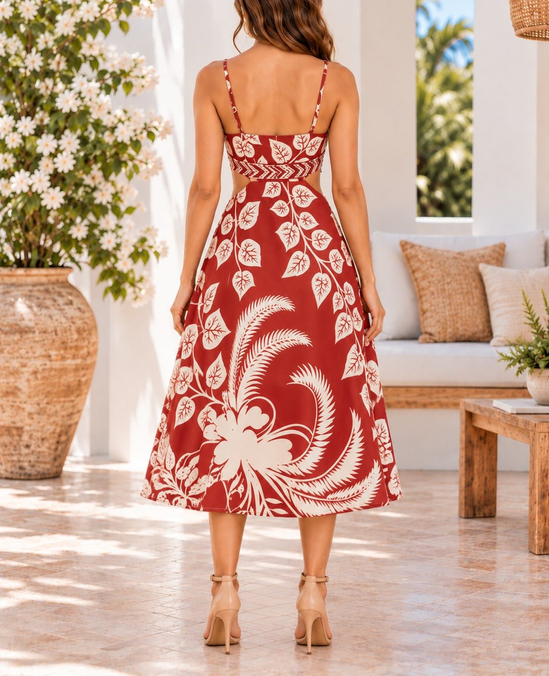 Ladies Rust Floral Cut Out Detail Dress - StylePhase SA