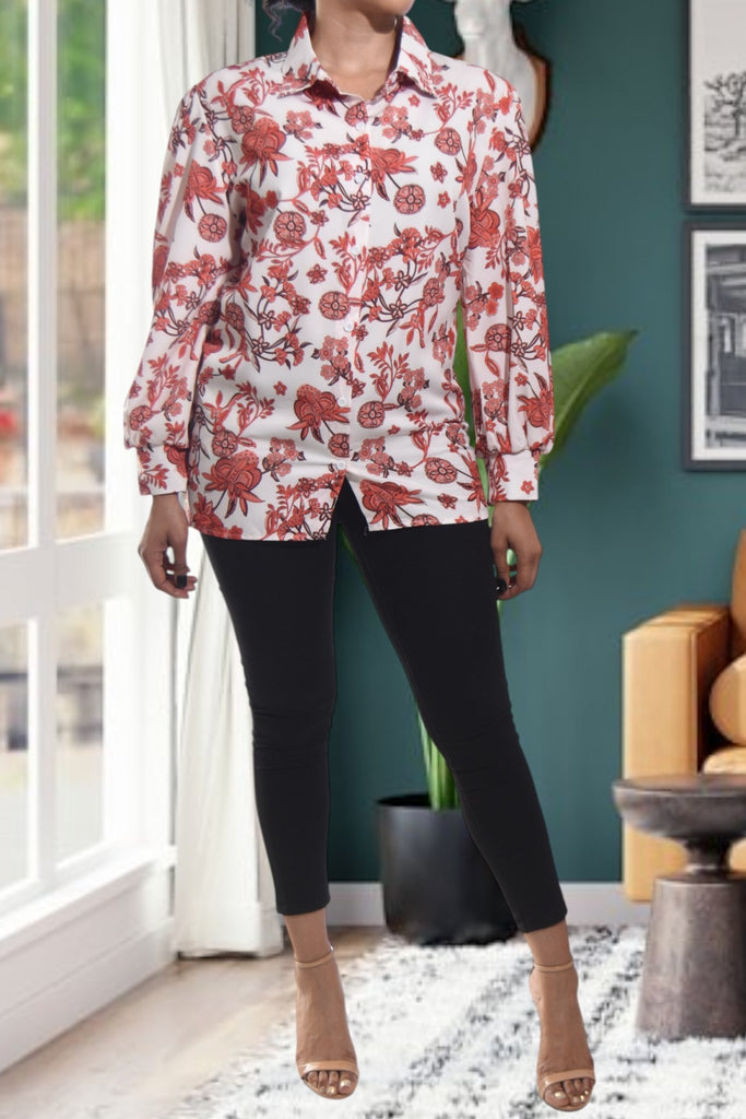 Ladies Rust Floral Printed Button Shirt - StylePhase SA