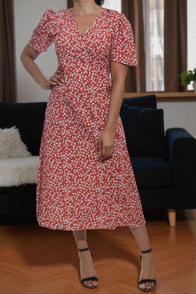 Ladies Rust Mini Floral Wrap Dress - StylePhase SA