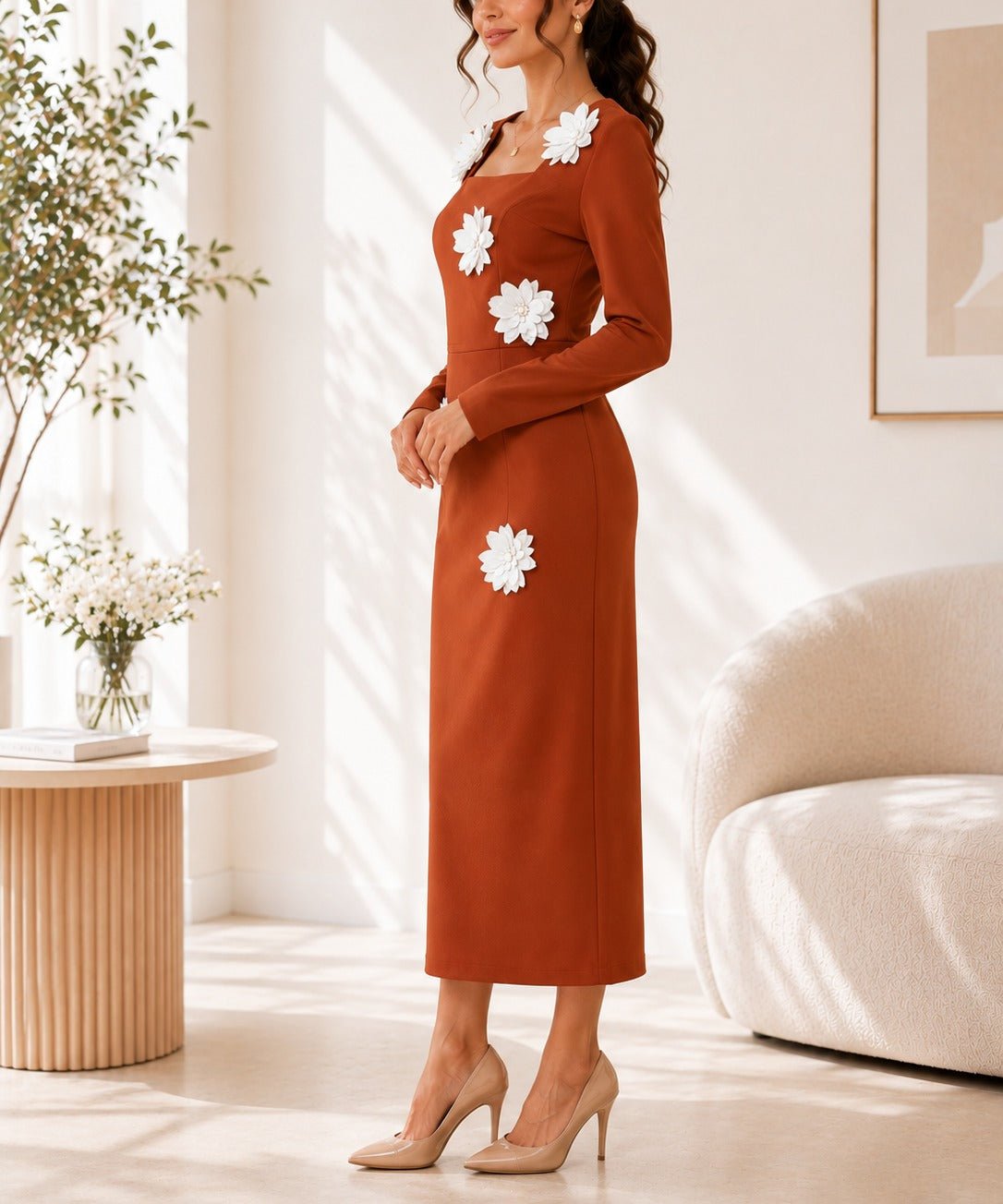 Ladies Rust New Feeling 3D Floral Pinted Detail Dress - StylePhase SA