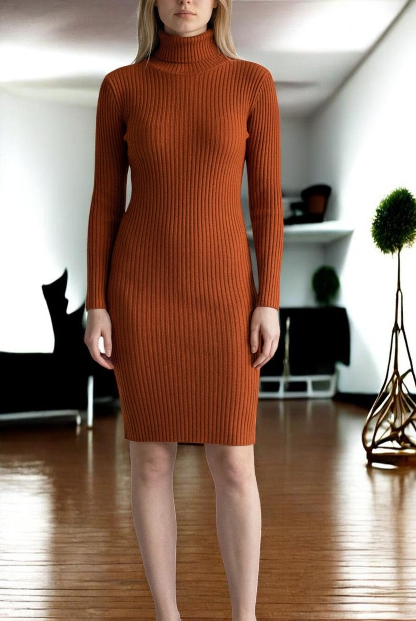 Ladies Rust Polo Neck Jersey Dress Top - StylePhase SA