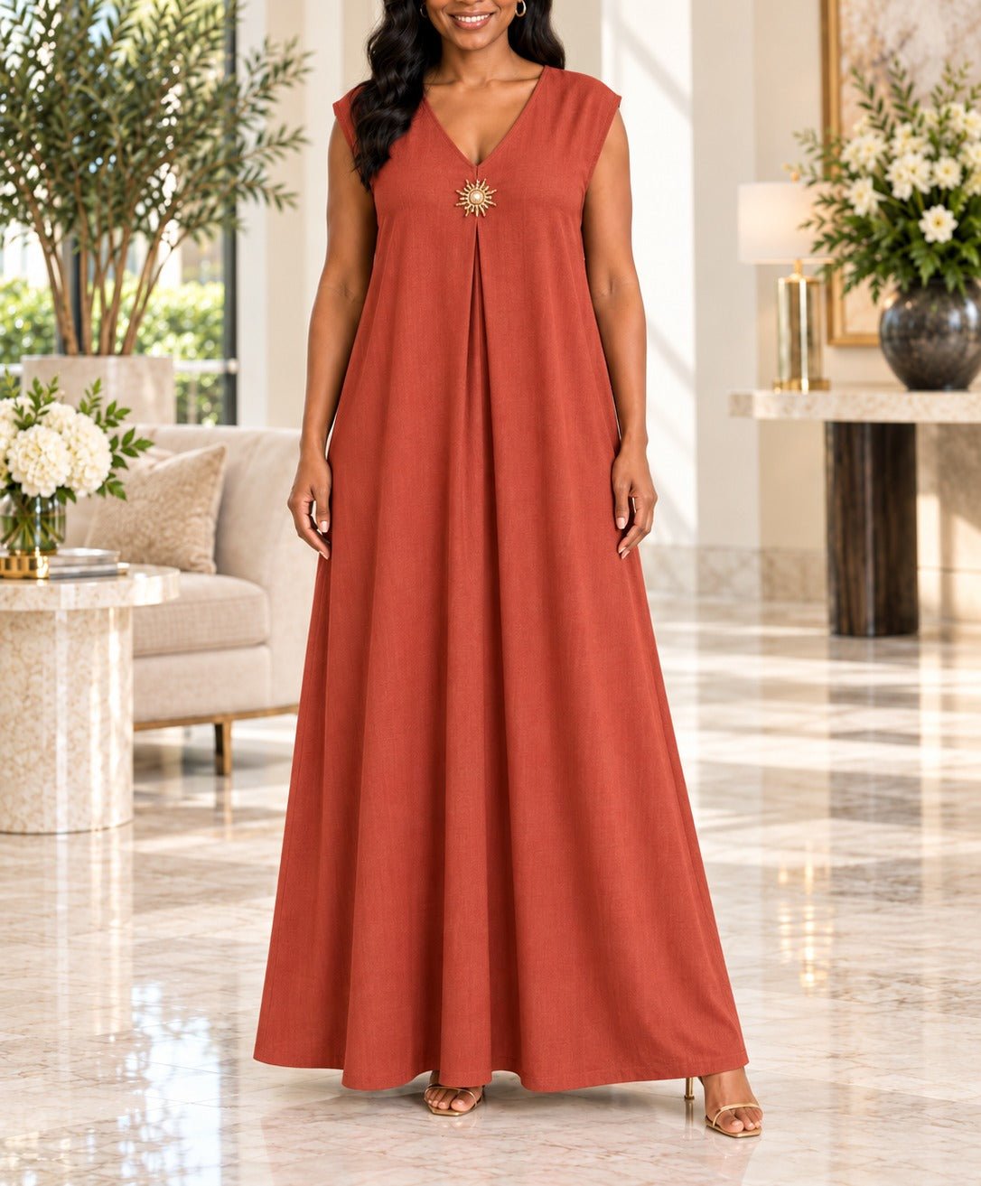 Ladies Rust Sleeveless Sunburst Brooch Maxi Dress - StylePhase SA