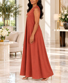 Ladies Rust Sleeveless Sunburst Brooch Maxi Dress - StylePhase SA