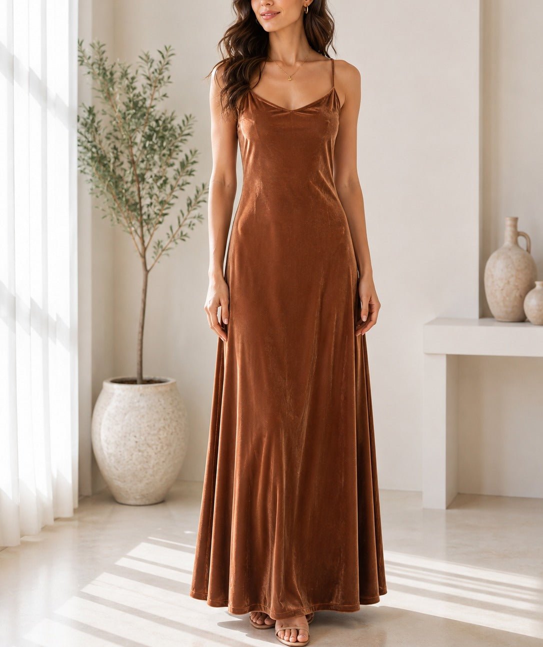 Ladies Rust Velour Strappy Maxi Dress - StylePhase SA