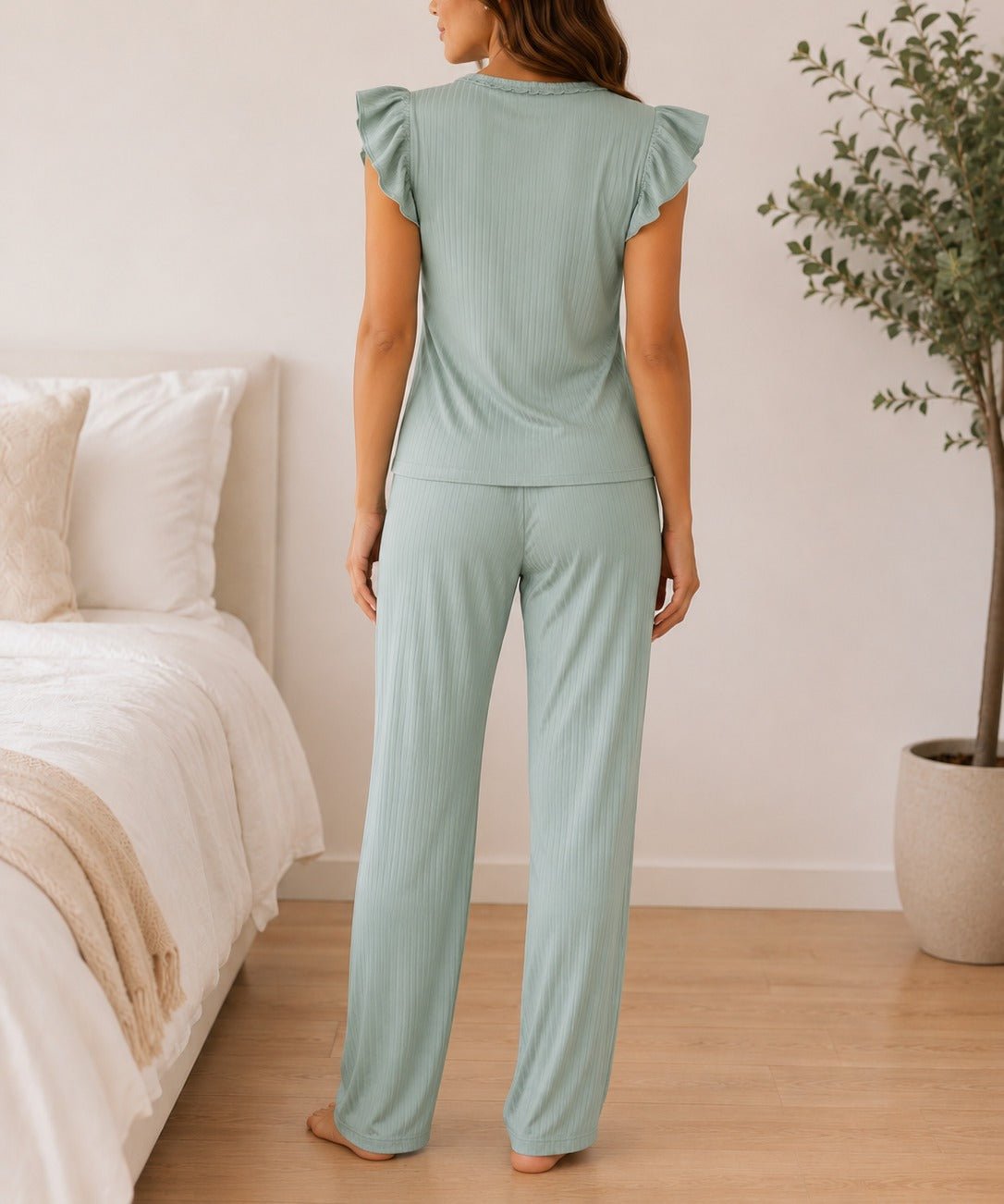 Ladies Sage Flutter Sleeves Knit Pyjama Set - StylePhase SA