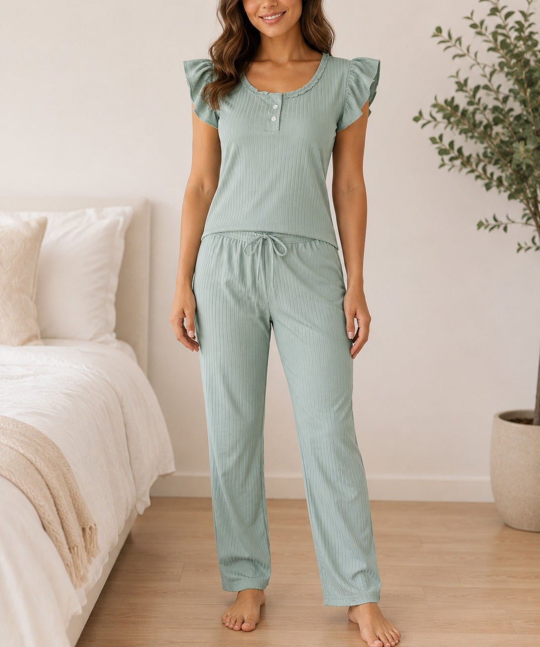 Ladies Sage Flutter Sleeves Knit Pyjama Set - StylePhase SA