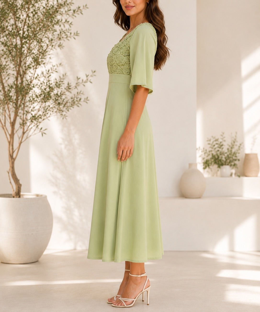 Ladies Sage Textured Floral Detail Dress - StylePhase SA