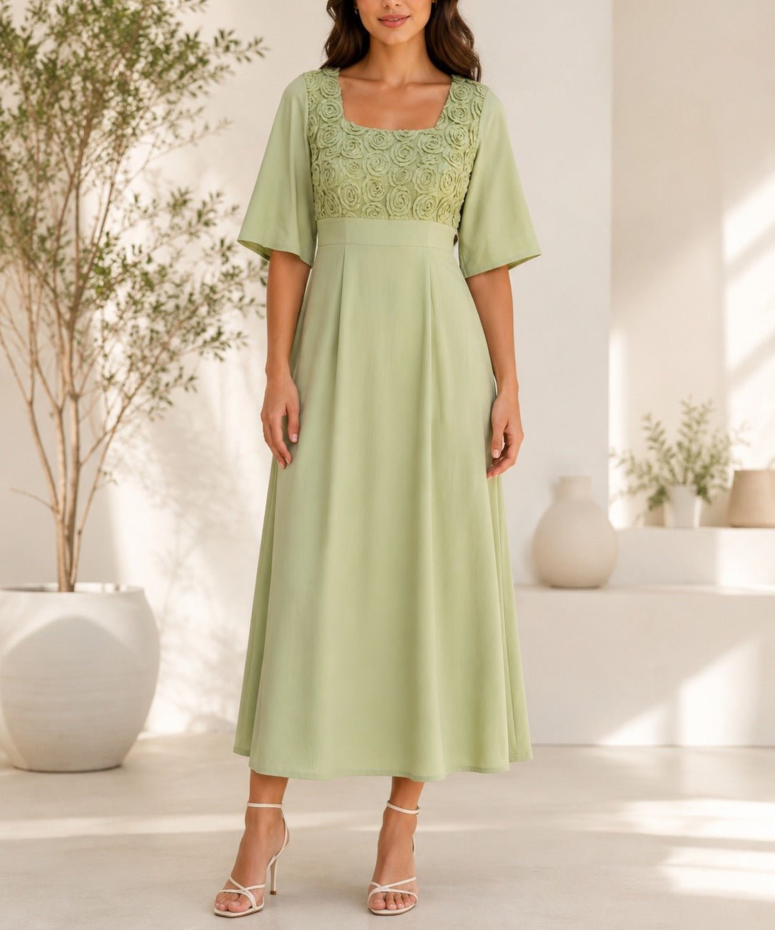 Ladies Sage Textured Floral Detail Dress - StylePhase SA