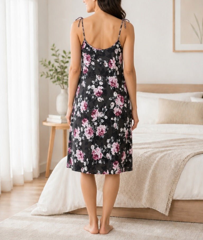 Ladies Satin Chemise -Black Floral - StylePhase SA