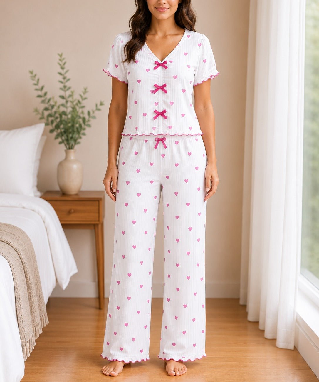 Ladies Short Sleeve Bow Detail Heart Pyjama Set -White And Pink - StylePhase SA