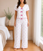 Ladies Short Sleeve Bow Detail Heart Pyjama Set -White And Pink - StylePhase SA