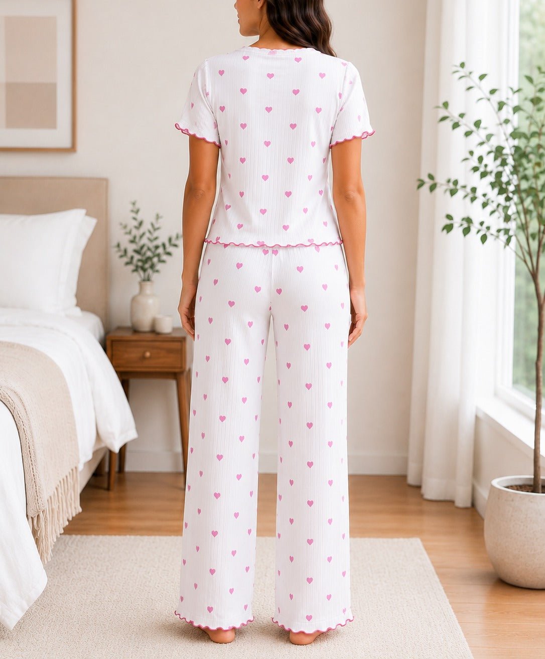 Ladies Short Sleeve Bow Detail Heart Pyjama Set -White And Pink - StylePhase SA