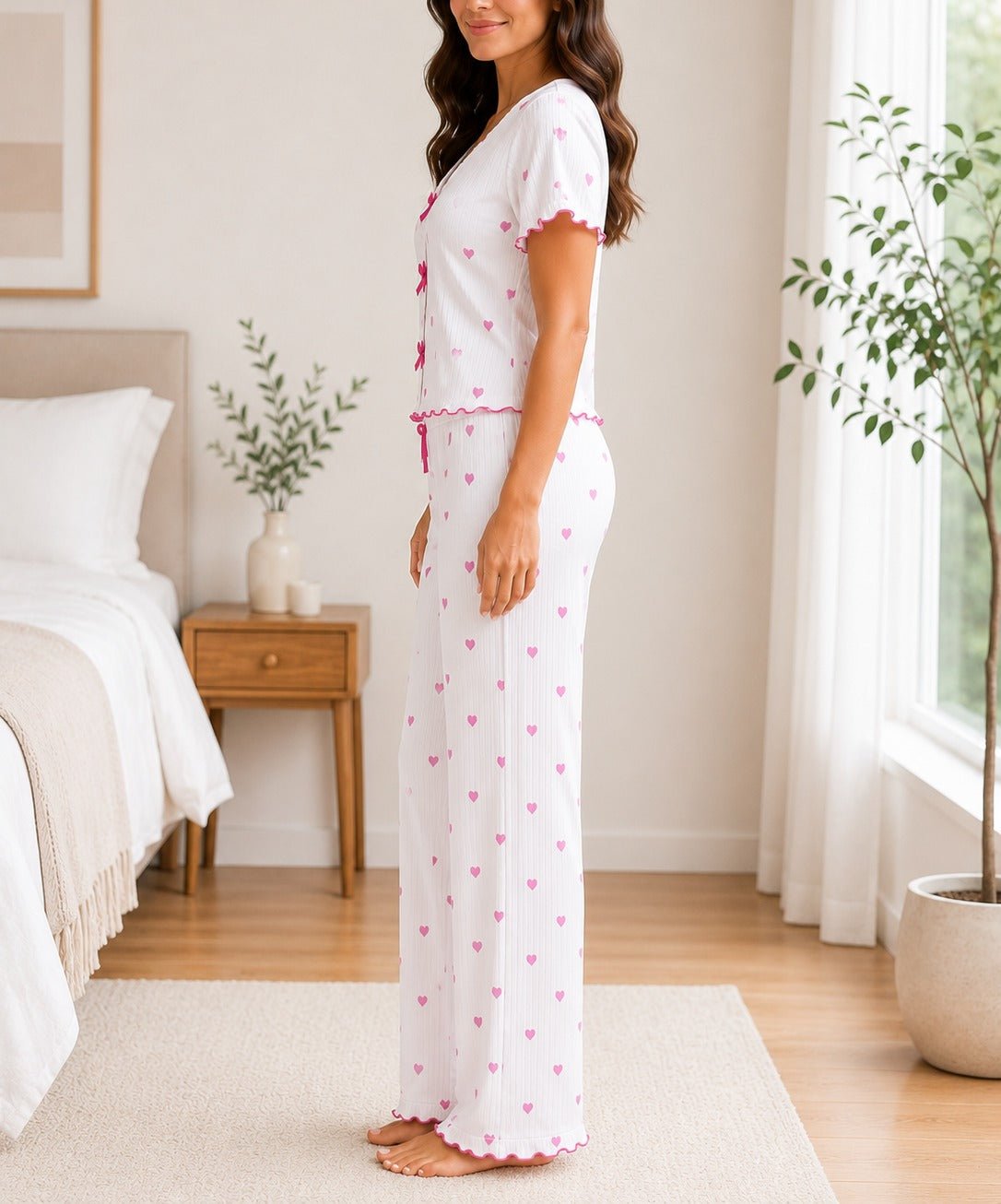 Ladies Short Sleeve Bow Detail Heart Pyjama Set -White And Pink - StylePhase SA