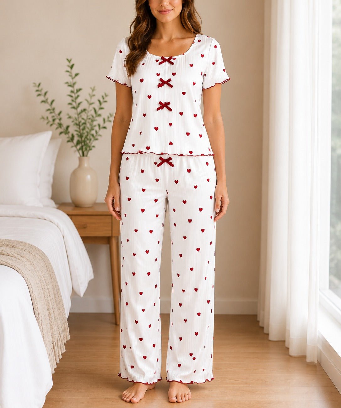 Ladies Short Sleeve Bow Detail Heart Pyjama Set -White And Red - StylePhase SA