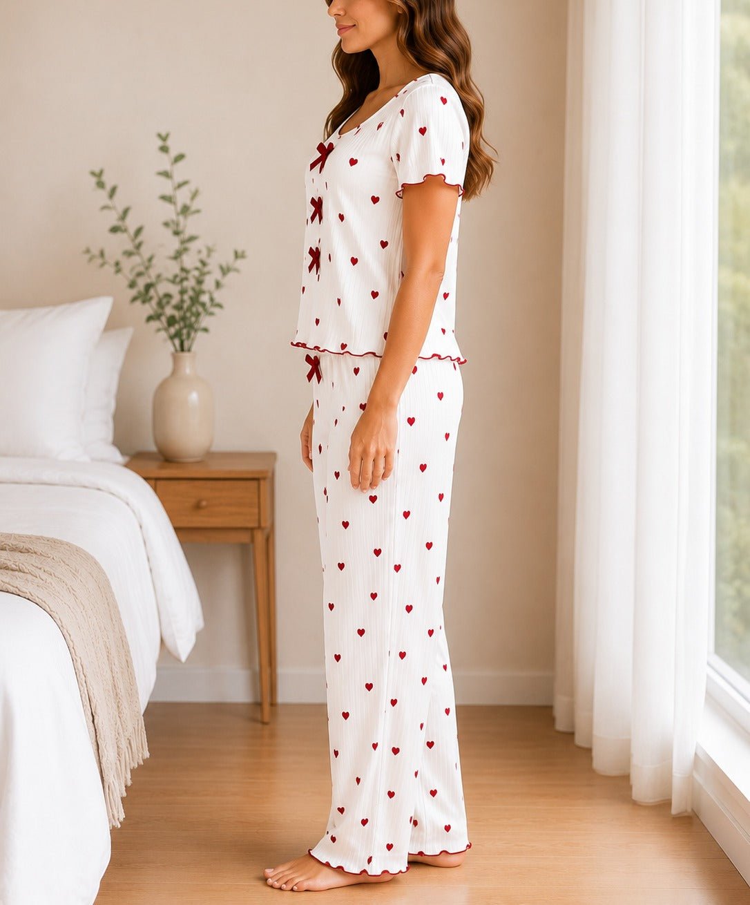 Ladies Short Sleeve Bow Detail Heart Pyjama Set -White And Red - StylePhase SA