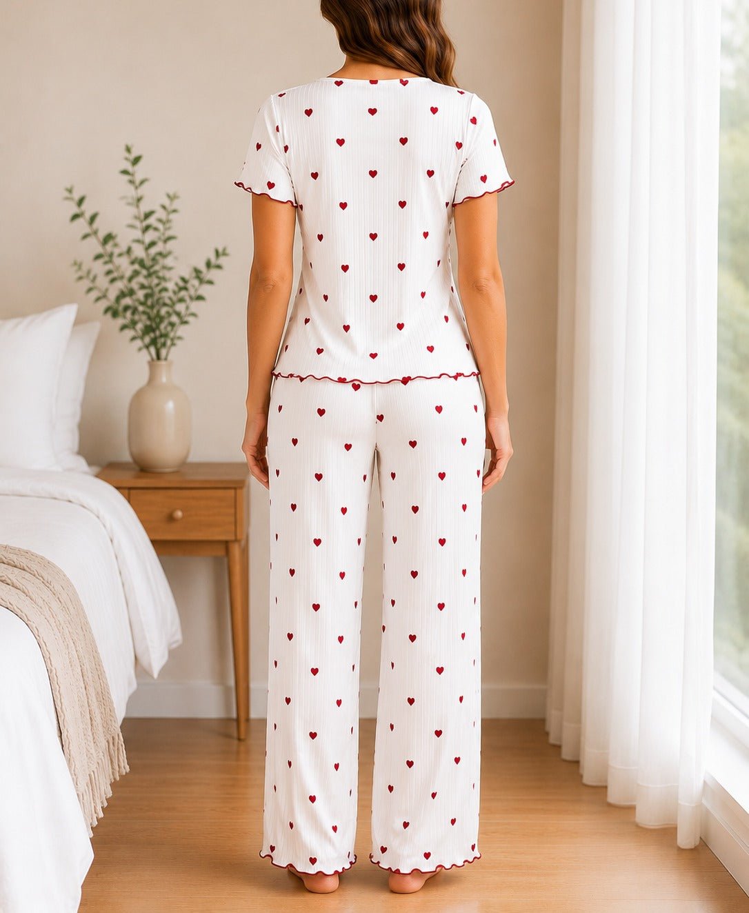 Ladies Short Sleeve Bow Detail Heart Pyjama Set -White And Red - StylePhase SA