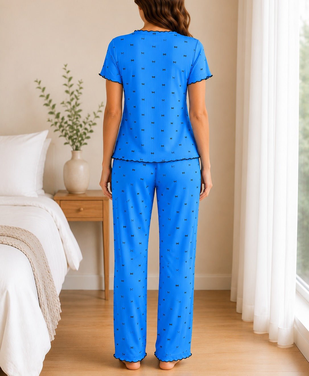 Ladies Short Sleeve Bow Print Blue Pyjama Set - StylePhase SA