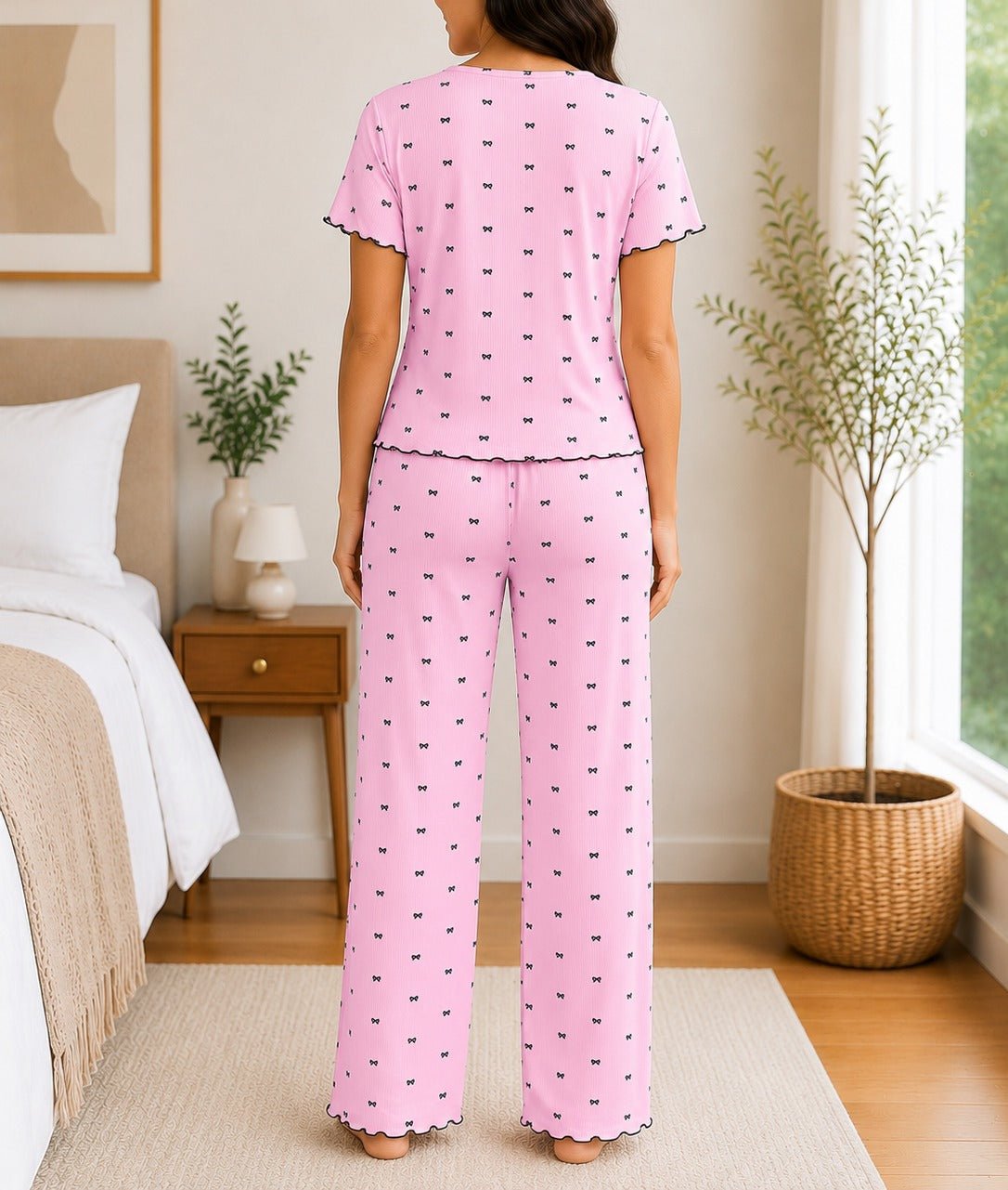 Ladies Short Sleeve Bow Print Pink Pyjama Set - StylePhase SA