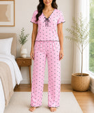 Ladies Short Sleeve Bow Print Pink Pyjama Set - StylePhase SA