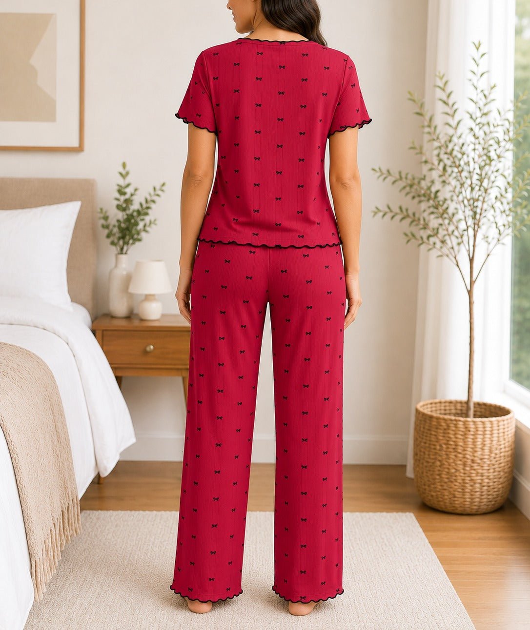 Ladies Short Sleeve Bow Print Red Pyjama Set - StylePhase SA