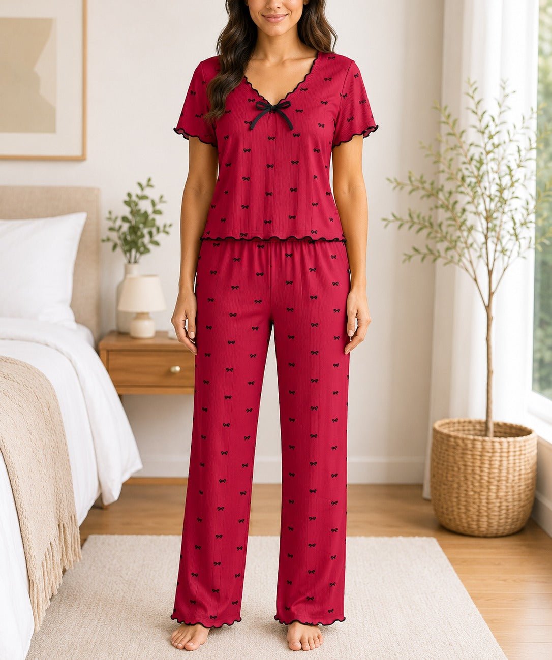 Ladies Short Sleeve Bow Print Red Pyjama Set - StylePhase SA