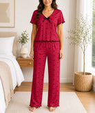 Ladies Short Sleeve Bow Print Red Pyjama Set - StylePhase SA