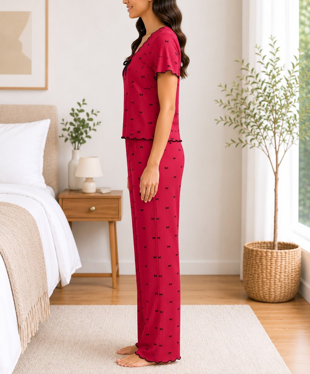 Ladies Short Sleeve Bow Print Red Pyjama Set - StylePhase SA