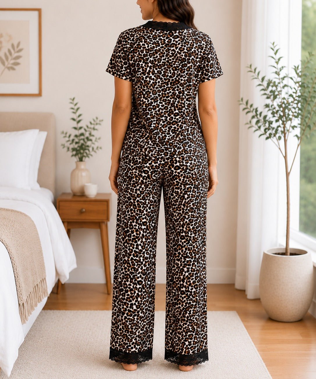 Ladies Short Sleeve Lace Trim Leopard Printed Pyjama Set - StylePhase SA