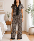 Ladies Short Sleeve Lace Trim Leopard Printed Pyjama Set - StylePhase SA