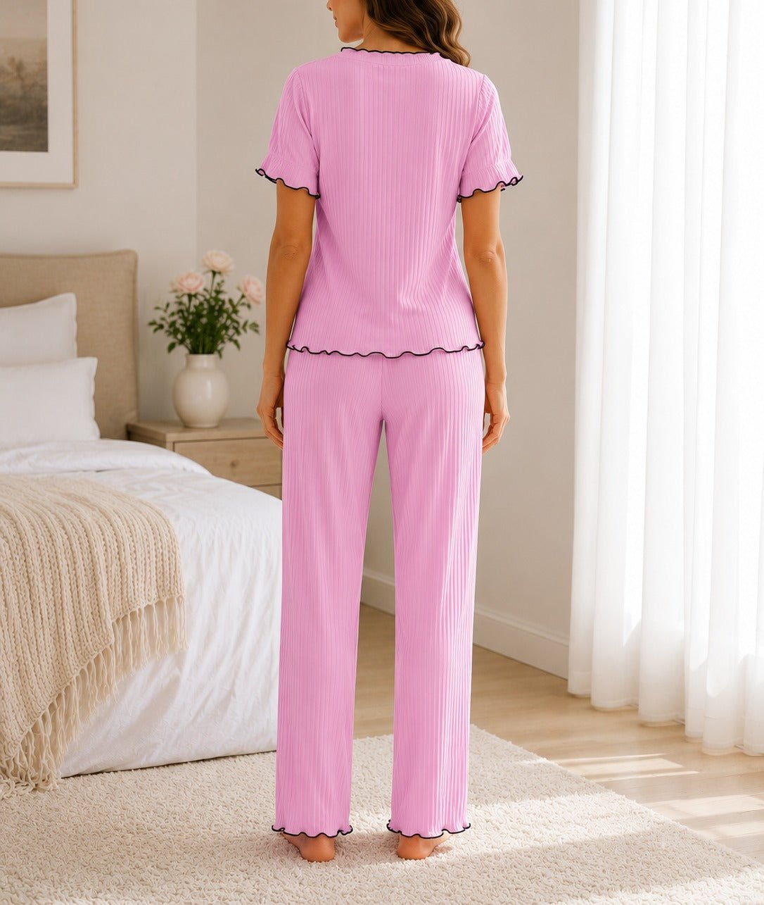 Ladies Short Sleeve Pink And Black Bow Detail Pyjama Set - StylePhase SA