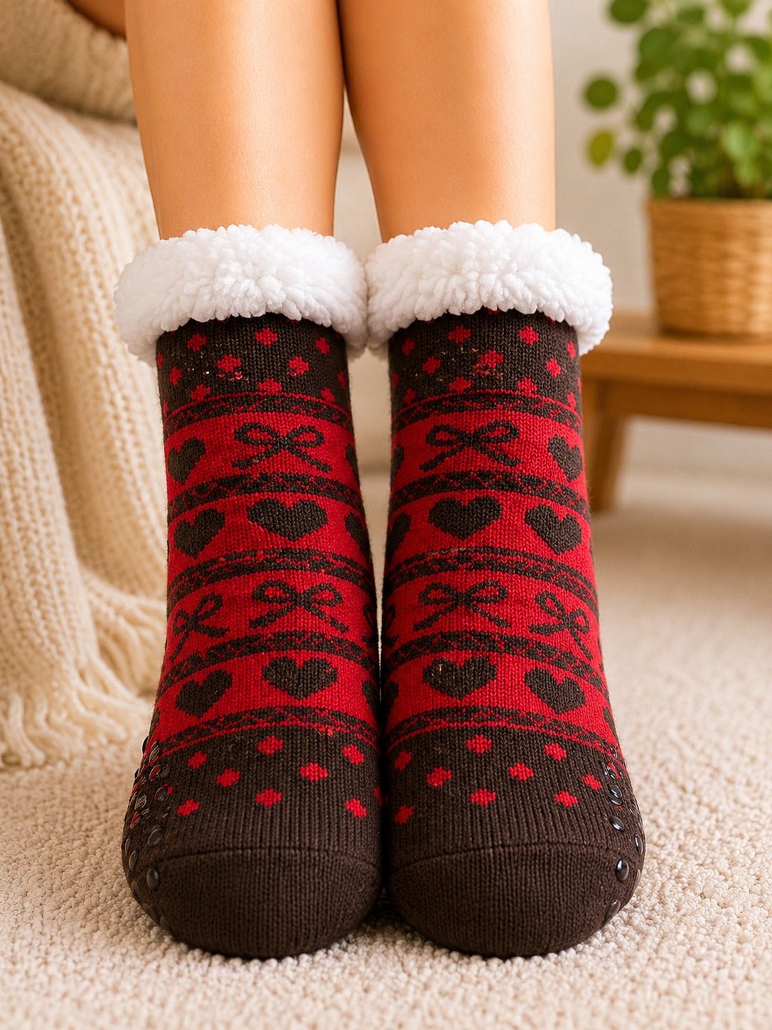 Ladies Silicone Thermal Slipper Socks - Brown Hearts - StylePhase SA