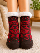 Ladies Silicone Thermal Slipper Socks - Brown Hearts - StylePhase SA