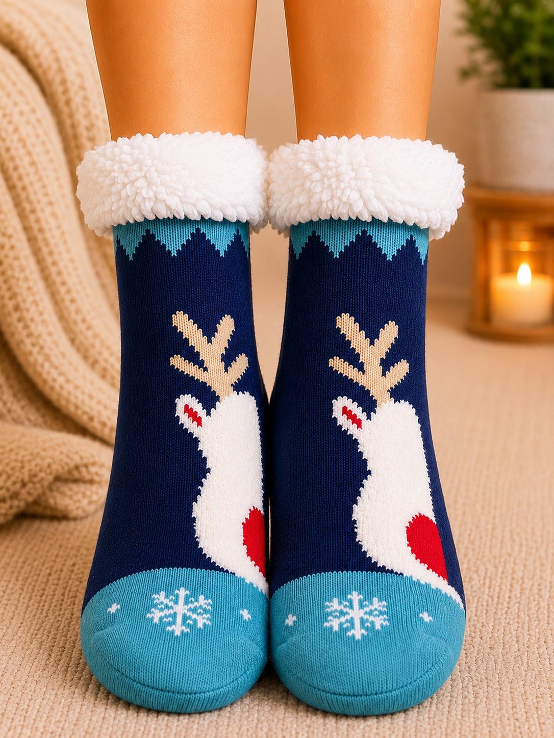 Ladies Silicone Thermal Slipper Socks - Navy Rudolf - StylePhase SA