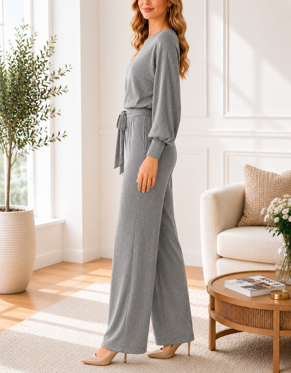 Ladies Silver Shimmer Tie Jumpsuit - New Feeling - StylePhase SA