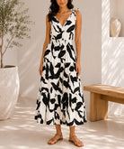 Ladies Sleeveless Black Leaf Print V-Neck Dress - StylePhase SA