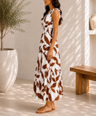 Ladies Sleeveless Brown Leaf Print V-Neck Dress - StylePhase SA