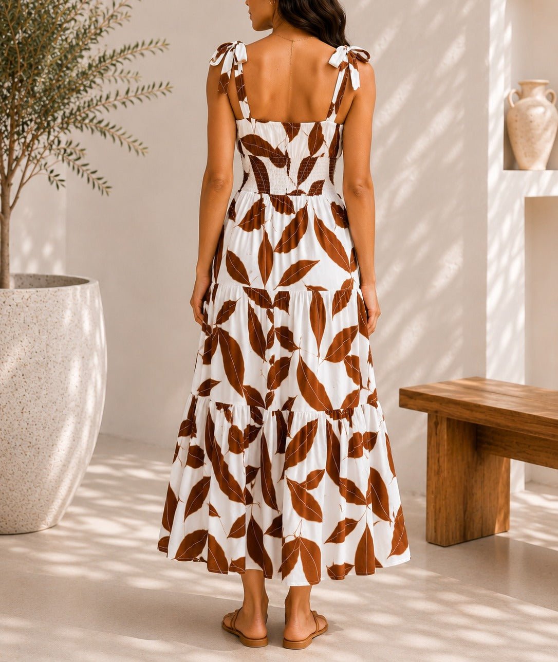 Ladies Sleeveless Brown Leaf Print V-Neck Dress - StylePhase SA