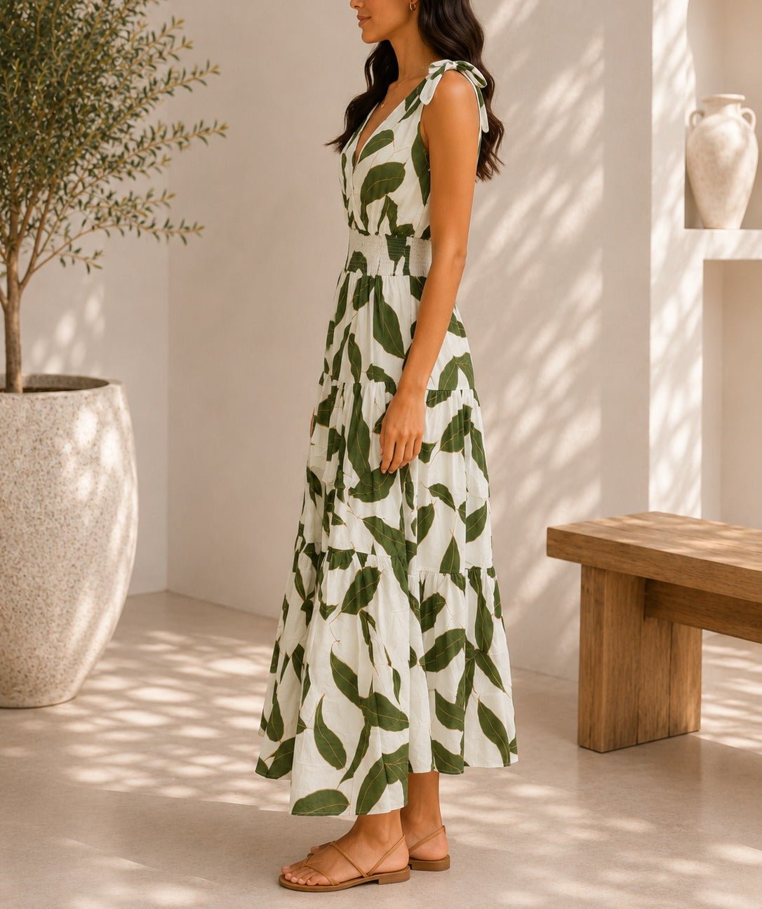 Ladies Sleeveless Green Leaf Print V-Neck Dress - StylePhase SA