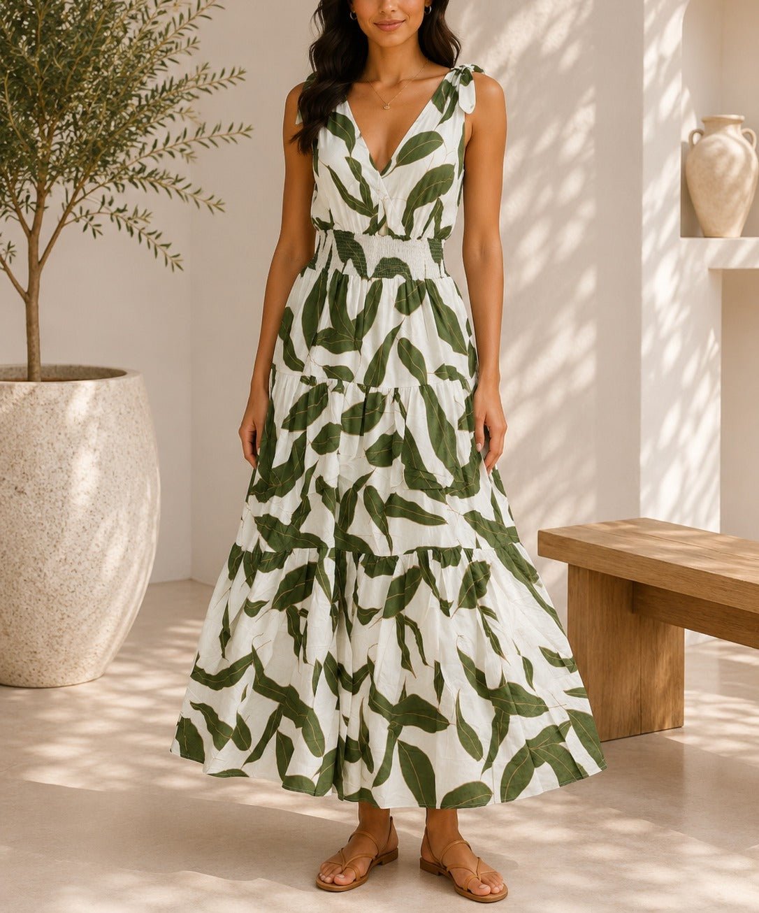 Ladies Sleeveless Green Leaf Print V-Neck Dress - StylePhase SA