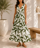 Ladies Sleeveless Green Leaf Print V-Neck Dress - StylePhase SA