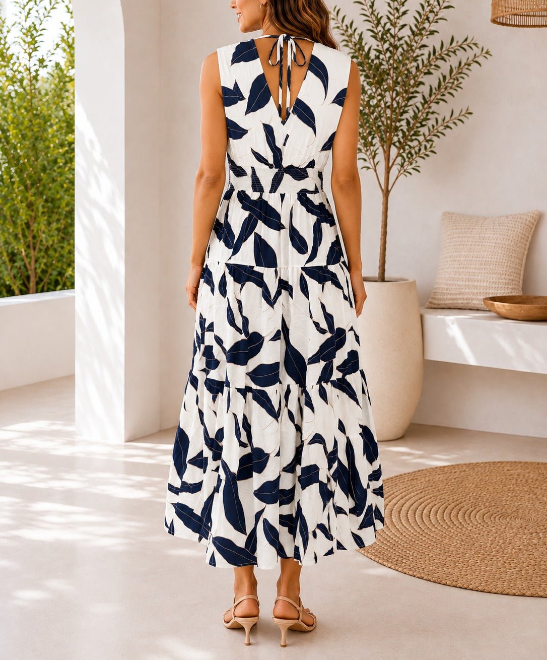 Ladies Sleeveless Navy Leaf Print V-Neck Dress - StylePhase SA